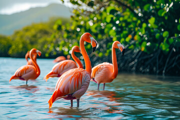 Group of flamingos standing in shallow water with their heads bent backwards.