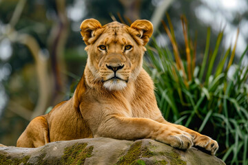 Golden lioness sits on rock surrounded by green plants and grass. - obrazy, fototapety, plakaty