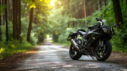 Black sports motorcycle on a forest road with green tall trees in a background