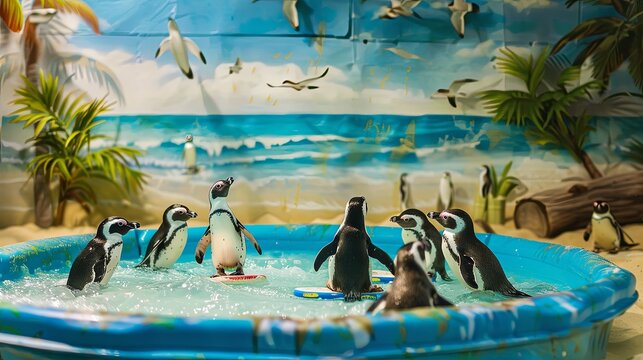 A group of penguins "surfing" on small boards in a kiddie pool, with a tropical beach mural. Fairy tale illustration. 