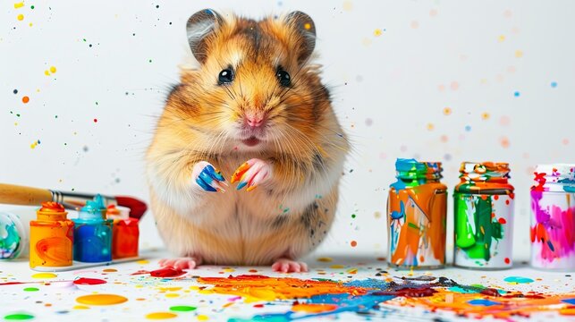 A hamster attempting to paint, with tiny paws covered in colorful paint. Fairy tale illustration, children's party card. 