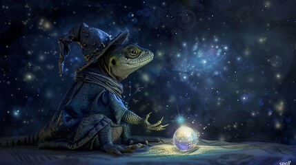 A lizard dressed as a wizard, complete with a tiny hat and cloak, casting a spell over a crystal ball. Fairy tale illustration.  - obrazy, fototapety, plakaty