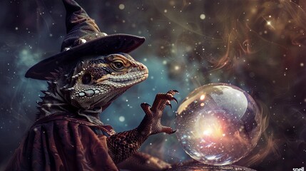 A lizard dressed as a wizard, complete with a tiny hat and cloak, casting a spell over a crystal ball. Fairy tale illustration. 