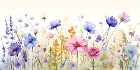 Watercolor colorful wild flowers, abstract floral background 