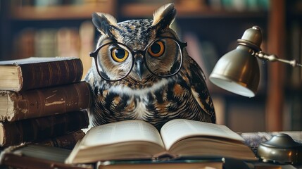 An owl wearing oversized reading glasses, surrounded by miniature books and a tiny lamp. Fairy tale illustration. 