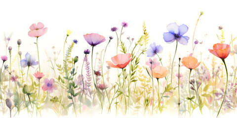 Watercolor colorful wild flowers, abstract floral background 