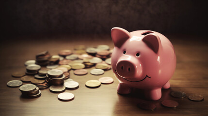 Piggy bank with coins scattered on the table, Generative AI