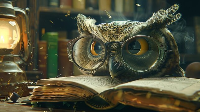 An owl wearing oversized reading glasses, surrounded by miniature books and a tiny lamp. Fairy tale illustration. 