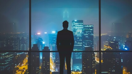 Executive Contemplates Night City - A businessman gazes out at the city lights at night pondering the complexities of the business world