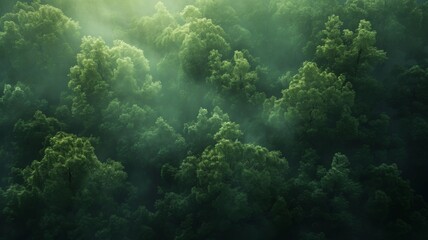 Emerald Forest in Morning Light - The forest awakens with the morning sun, casting a vibrant emerald glow over an expanse of trees. - obrazy, fototapety, plakaty