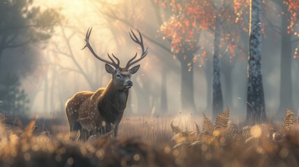 Autumn Deer in Golden Light - A deer basks in the warm, golden light of an autumn forest. - obrazy, fototapety, plakaty