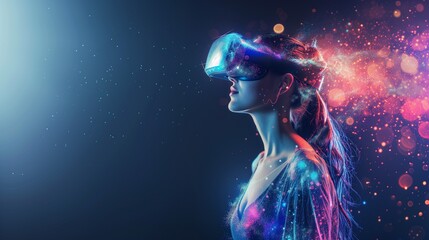 Futuristic portrait of a woman with flowing hair wearing a VR headset, against a cosmic background of sparkling lights and stars.