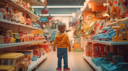 A toddler in a yellow hoodie stands in awe in a toy store aisle, surrounded by colorful toys and shelves filled with cars and plush animals.