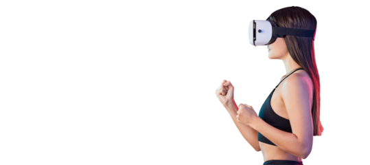 Woman, boxing and goggles for virtual reality in metaverse for internet exercise for health, fitness or innovation. Female person, hands and isolated transparent png background, online or futuristic