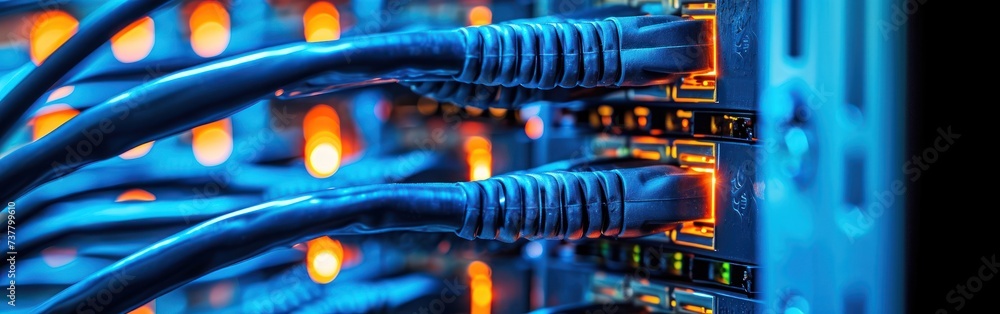 Poster network switch and ethernet cables in data center. internet and technology concept. banner.