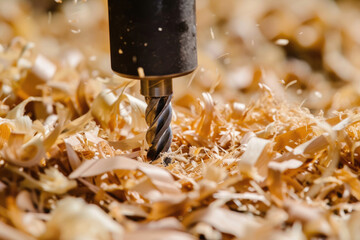 A sharp metal pierces through the soft, golden debris of sawdust, creating a stark contrast between nature and man-made tools