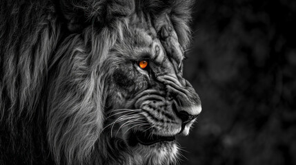 Monochrome portrait of majestic lion with piercing gaze. Wildlife and nature.