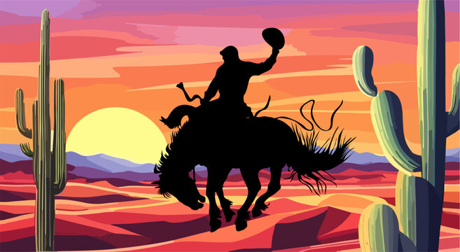 Silhouette of a cowboy riding a horse at Desert landscape. Texas western mountains and cactuses background. Vector illustration of Wild West desert. Design element banner, flyer, card, sign template.