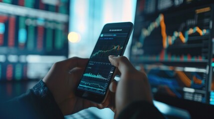 Crypto trader checking the market on his phone and computer, stock market and cryptocurrency exchanges charts on screens - obrazy, fototapety, plakaty