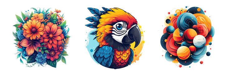 colorful parrot and flowers. Vector illustration in cartoon roundish style for t shirt design, transparent, PNG