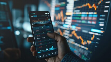 Crypto trader checking the market on his phone and computer, stock market and cryptocurrency exchanges charts on screens - obrazy, fototapety, plakaty