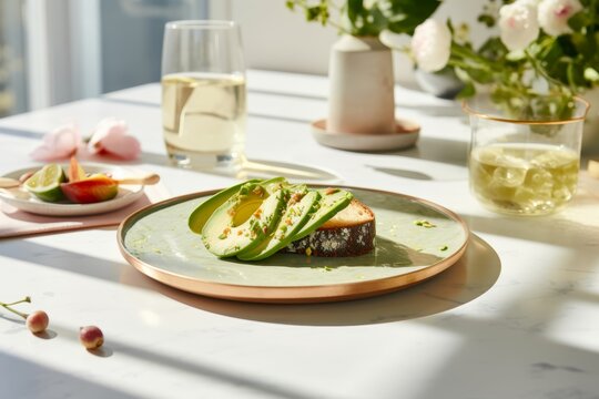 
Photo of trendy girl dinner featuring a beautifully arranged avocado toast on a chic ceramic plate, set on a marble countertop in a sunlit modern kitchen
