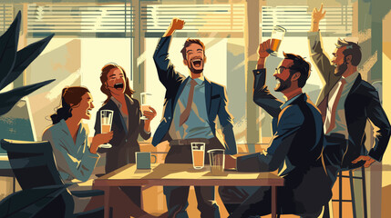 Business colleagues celebrating in an office environment. They appear to be in high spirits, possibly celebrating a success or a milestone