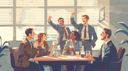Business colleagues celebrating in an office environment. They appear to be in high spirits, possibly celebrating a success or a milestone