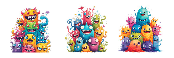 Fototapeta na wymiar funny colorful Cartoon monster faces. scary Cartoon doodle monsters set, Vector illustration of funny monsters. collection. for print on demand merchandise, t shirt. transparent png,