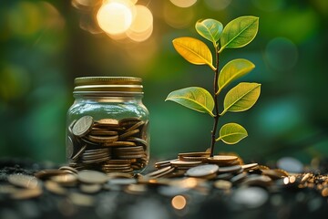 Fototapeta na wymiar Business Finance and Money concept, Save money, Plant Growing, Investing and Business concept, Stack of coins and small trees copy space, morning sunlight
