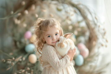cute little girl holds and hugs fluffy rabbit in arms on Easter decor background. Easter bunny