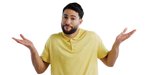 Confused, doubt and portrait of man with why hands, expression or dont know sign on isolated, transparent or png background. Palm, emoji or face of male person with questions, ask or whatever shrug