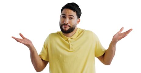 Confused, doubt and portrait of man with why hands, expression or dont know sign on isolated, transparent or png background. Palm, emoji or face of male person with questions, ask or whatever shrug