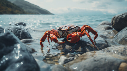 A crab is walking on the sand under the water.