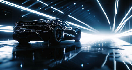 Futuristic sports car on wet asphalt with light reflections - obrazy, fototapety, plakaty