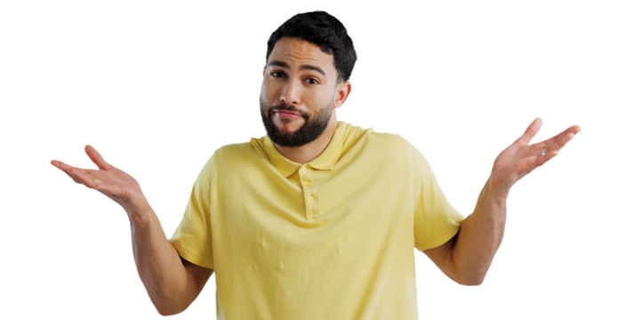 Confused, doubt and portrait of man with why hands, expression or dont know sign on isolated, transparent or png background. Palm, emoji or face of male person with questions, ask or whatever shrug