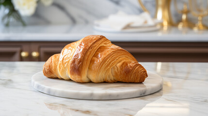 A croissant sitting on a plate on a marble countertop.
