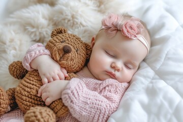 baby girl sleeping on white mattress while hugging teddy bear 