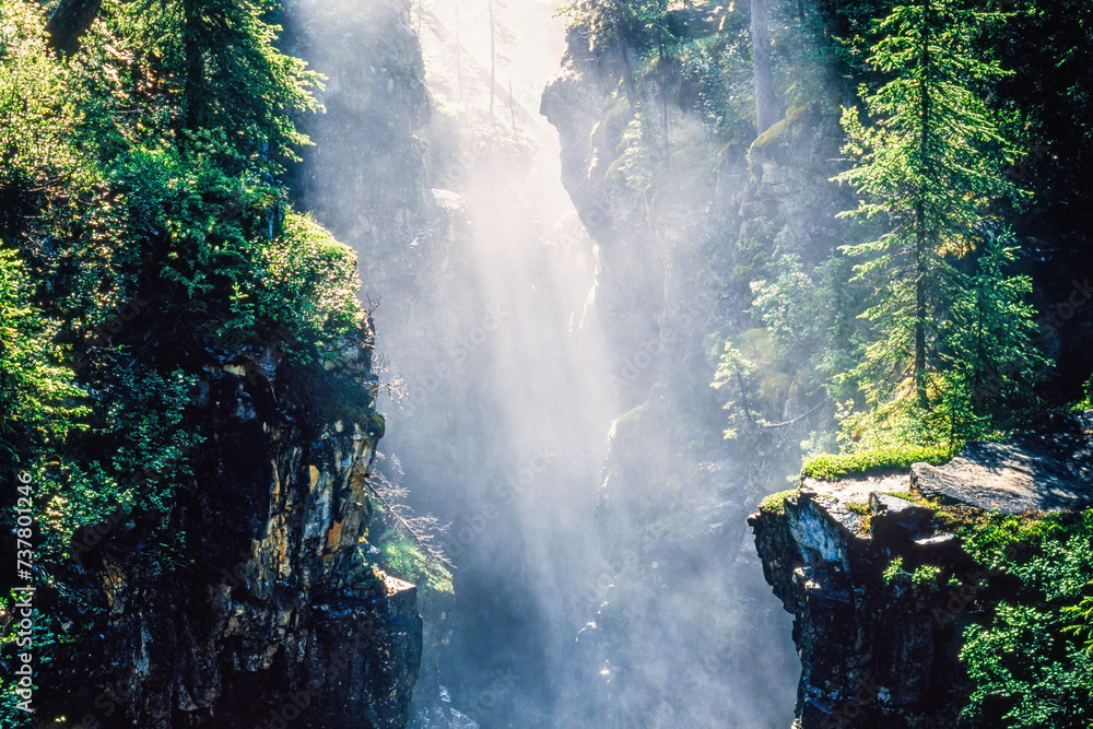 Sticker Sunshine in a rocky ravine with mist