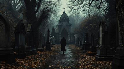 Silhouette of man walking at cemetery at night. Horror Halloween concept - obrazy, fototapety, plakaty
