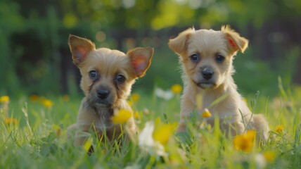 Tranquil Puppies in Golden Meadow - Young puppies sit peacefully among the yellow flowers of a sun-drenched meadow.