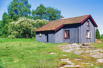 Old cottage on a meadow a beautiful summer day - obrazy, fototapety, plakaty