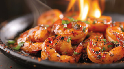 Fiery and flavorful this dish features tender shrimp coated in a tantalizing blend of blackening es kissed by the flames of a hot grill. The smoky backdrop adds a captivating