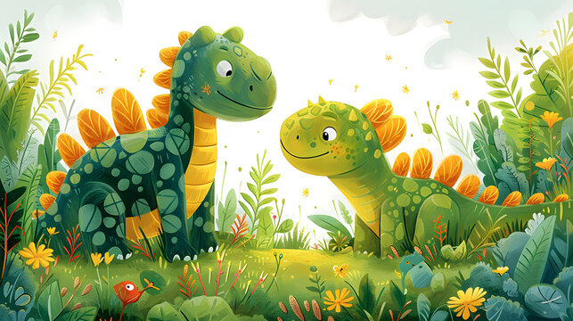 illustration of dinosaurs in the grass for children's book style