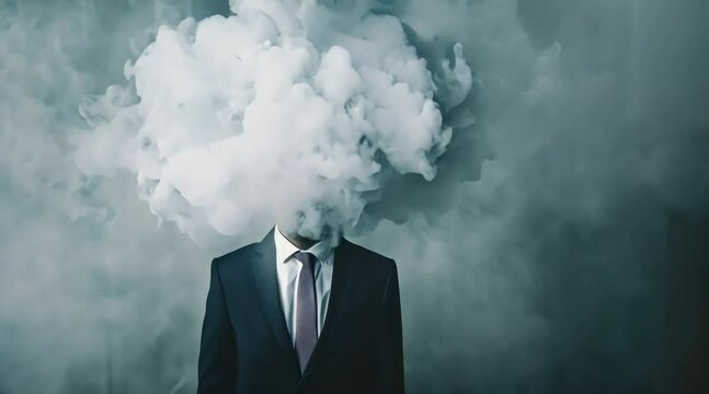 Male businessman wearing suit with tie with head full of smoke clouds (mov) made with Ai generative technology