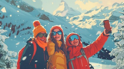 A group of happy friends taking selfie on the snow mountain, ski resort - obrazy, fototapety, plakaty