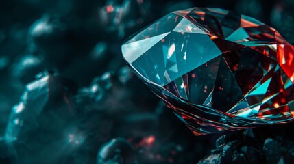 Luxurious dark diamond in blue tones. Closeup of precious transparent crystal. Brilliant diamond facets - obrazy, fototapety, plakaty