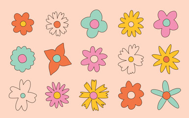 Floral set in the style of the 70s with groovy daisy flowers. Retro floral naive vector design. Style of the 60s, 70s, 80s