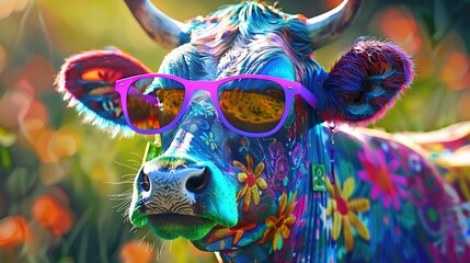 Cool hippie cow with sunglasses and funny eyes for the latest colorful rural farm fashion - flower power fashionista cartoon stylized art - obrazy, fototapety, plakaty