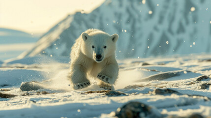 A baby polar bear running through the snow - obrazy, fototapety, plakaty